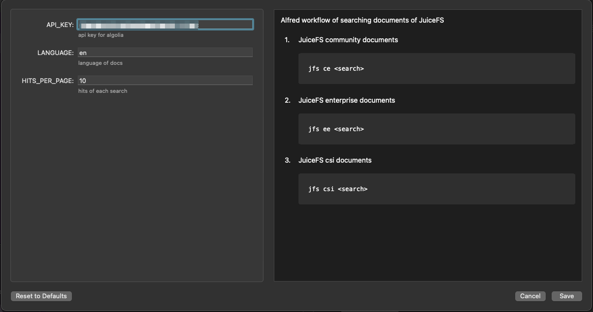 JuiceFS Alfred Workflow configuration